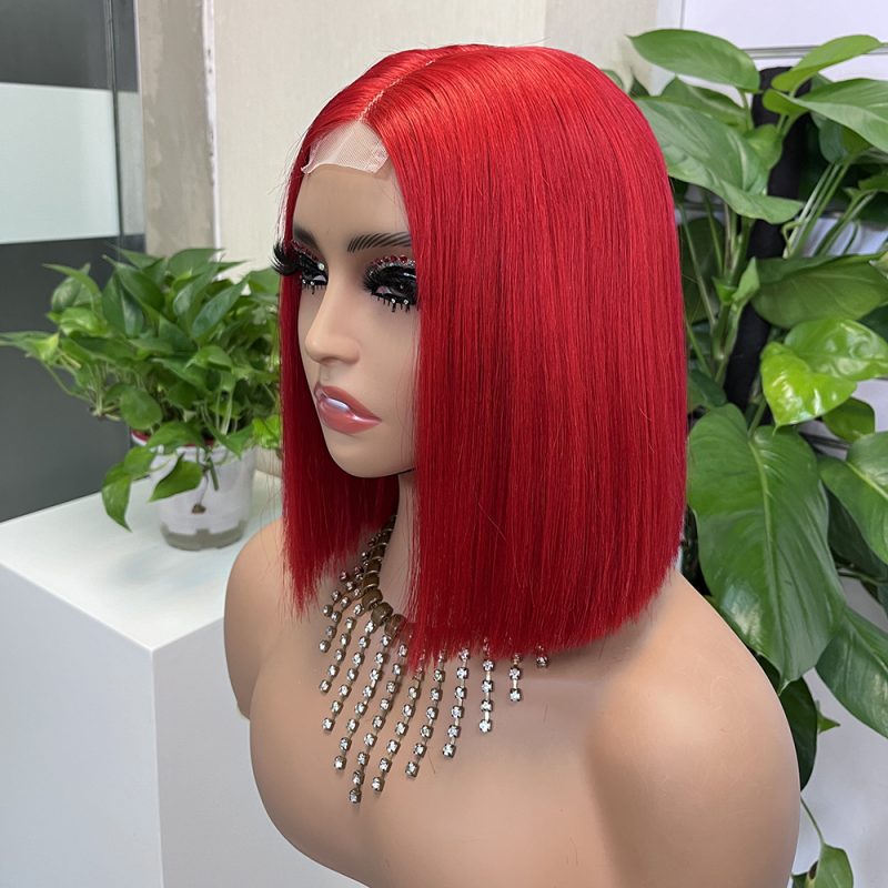 2x6 Red Colored Straight BOB Lace Closure Virgin Human Hair Wig - 图片 2